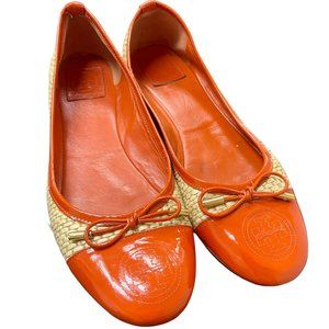 Tory Burch Flats, orange leather & woven rattan, Size 10